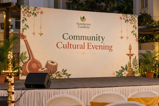 Clubhouse stage backdrop example for apartment event banner printing in chennai