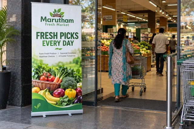 Supermarket rollup display — Standee Printing brand and print concept